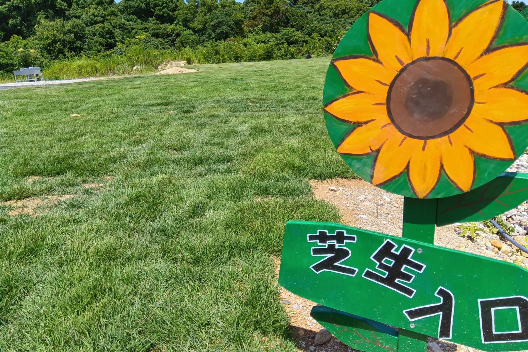 芝生グラウンドエリアの看板と広がる芝生